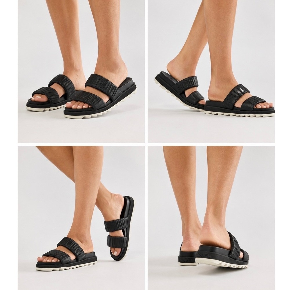 SOREL Roaming Ruched Slide Sandals Size 10 Leather Double Strap Vacation Black - Picture 11 of 11
